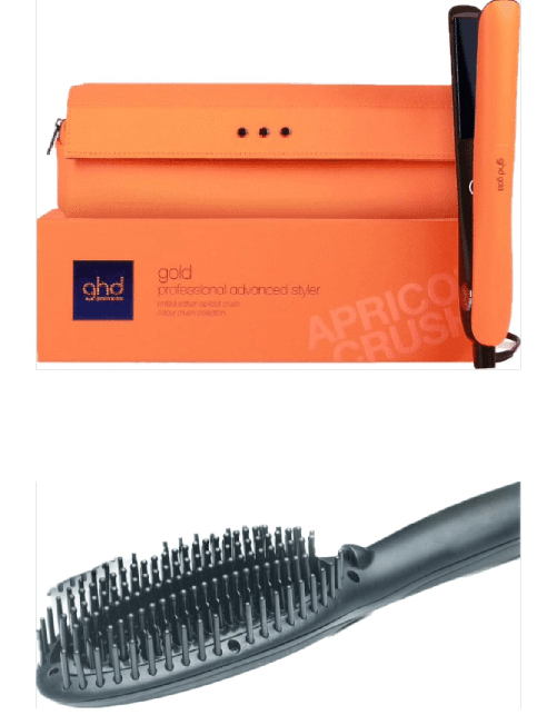 PIASTRA GHD GOLD STYLER ARANCIONE FLUO CON POCHETTE TERMORESISTENTE E SPAZZOLA ELETTRICA HOT BRUSH RETRO' IN OMAGGIO SPRAY KOSTER 150 ML