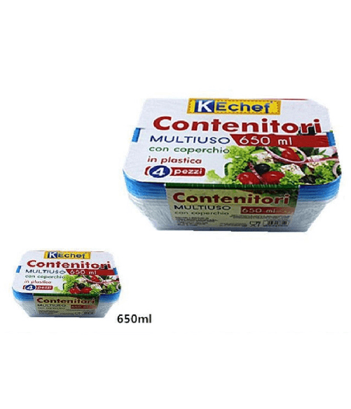 Trade Shop Traesio-set 4pz Contenitori Multiuso Rettangolare Con Coperchio In Plastica 650ml Cucina -