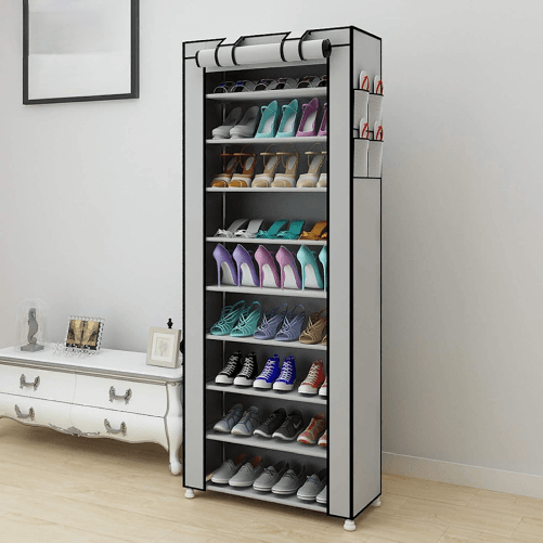 Scarpiera Armadio Salvaspazio, Scaffale Porta Scarpe 9 Ripiani, 60x30x160 cm, Tessuto TNT, Fino a 30 Paia, Multiuso, Chiusura con Zip, Grigio