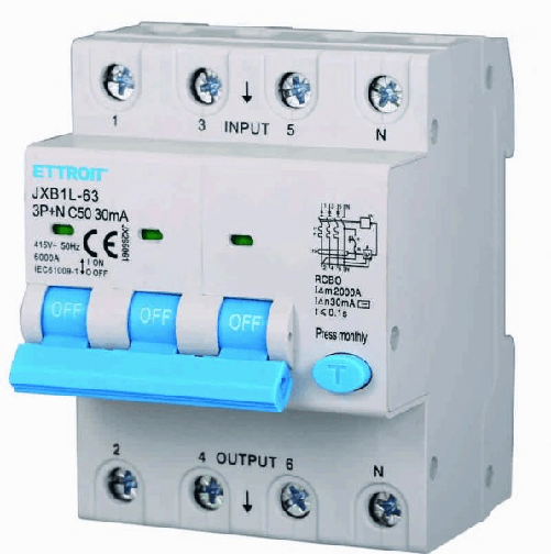 ETTROIT Interruttore Magnetotermico Differenziale 3P+N 50A 6KA 30mA 380V Occupa 4 Moduli DIN