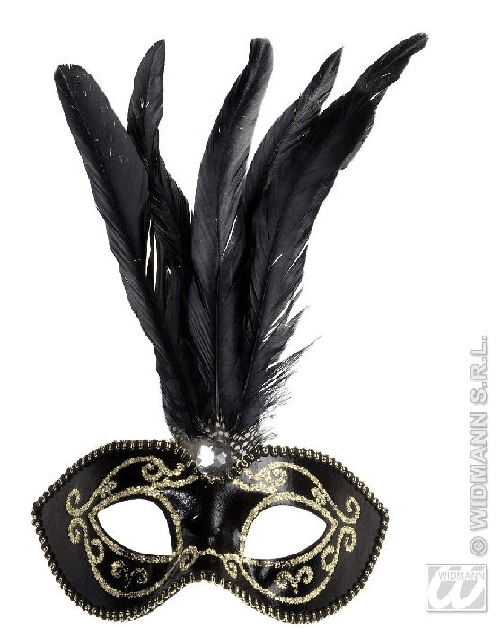 WIDMANN 6432T maschera nera con glitter oro, gemma e piume