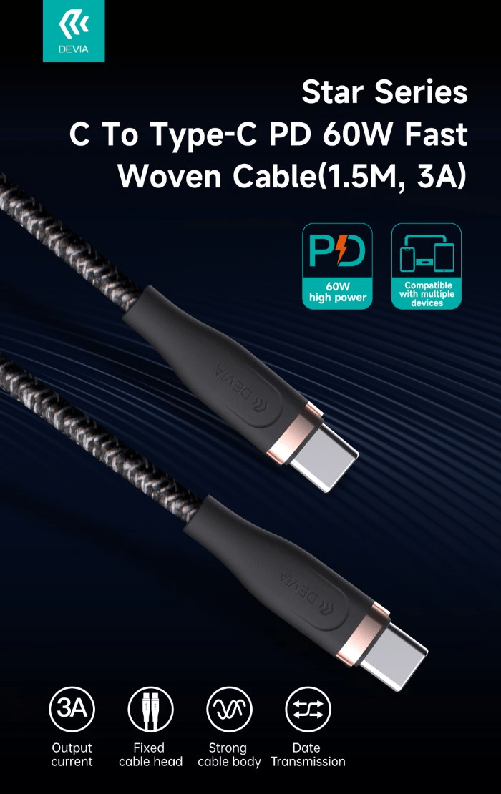 Cavo Intrecciato da C a C 60W 3A 15 Metri Nero