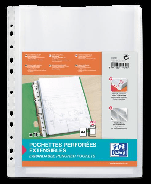 Oxford Confezione da 10 buste multiforo A4 con soffietto - Grande capacità - Polipropilene 200μ - Finitura cristallo