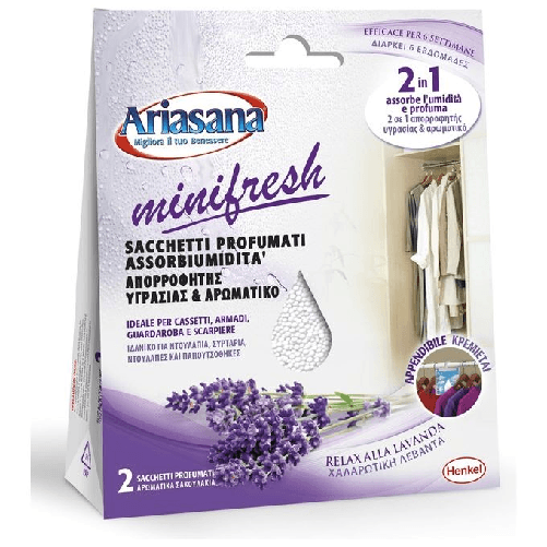 Henkel 2091955 Confezione 2 Buste Appendibili Assorbiumidita' Ariasana Minifresh per Armadi e Cassetti Profumazione Ariasana Minifresh Relax 100g