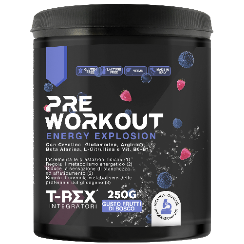 T-Rex Integratori Pre Workout, Energy Drink Potente con Creatina Monoidrata, Bcaa, Arginina, Beta Alanina e Vitamine, 250 g Aroma Frutti di Bosco