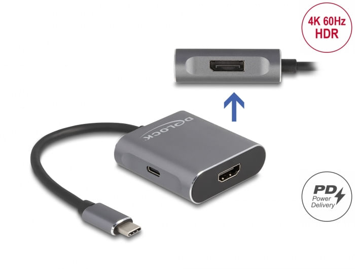 DeLOCK Splitter USB Type-C (modalità DP Alt) per 1 x HDMI + 1 x DisplayPort MST con USB Type-C PD