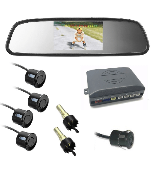 Trade Shop Traesio-kit Parcheggio Auto 4 Sensori Neri Telecamera Retromarcia Specchietto Monitor -