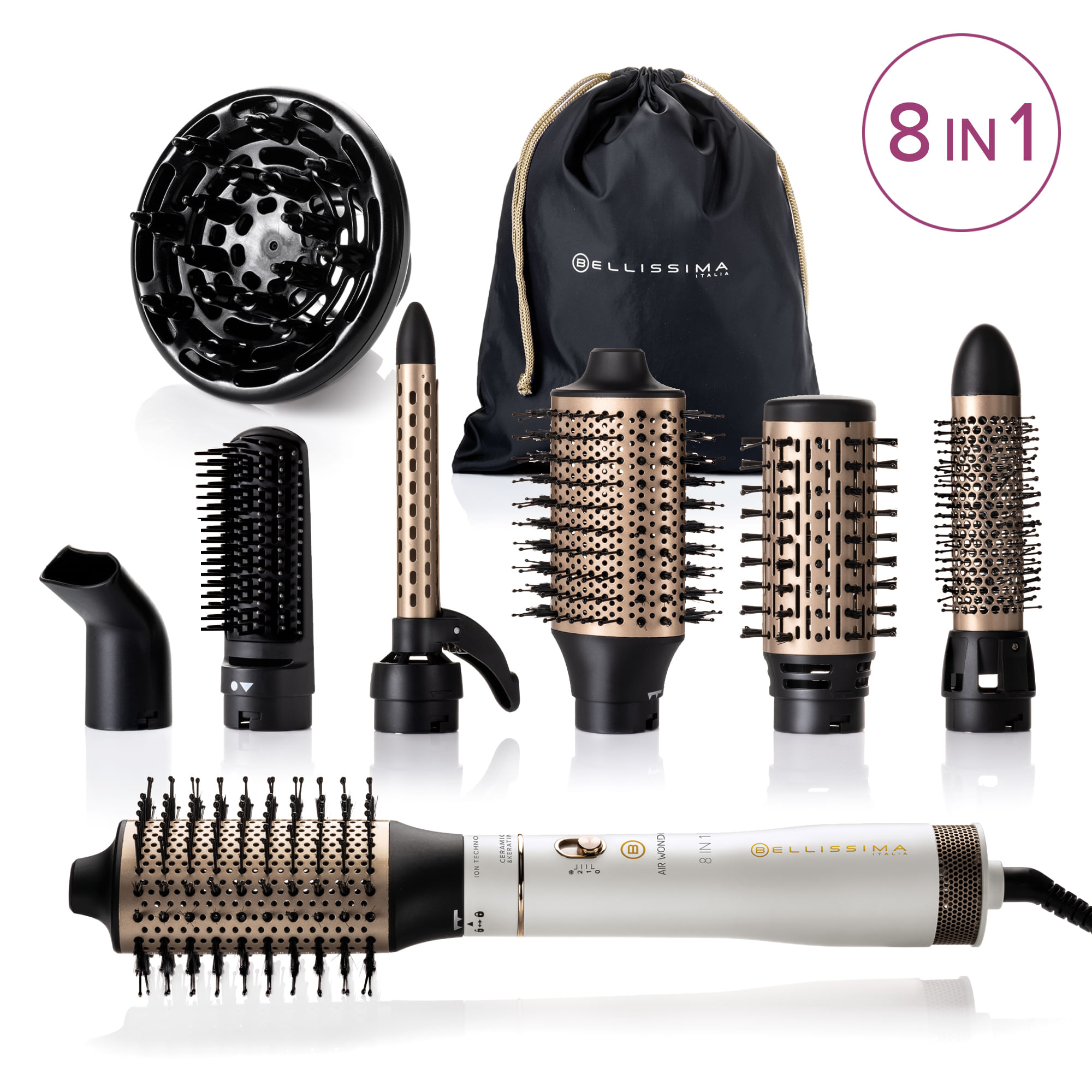 Bellissima Imetec Air Wonder, Spazzola Ad Aria Calda, Tecnologia A Ioni, Spazzole Rivestite In Ceramica E Cheratina, Asciuga, Dona Volume, 8 Accessori
