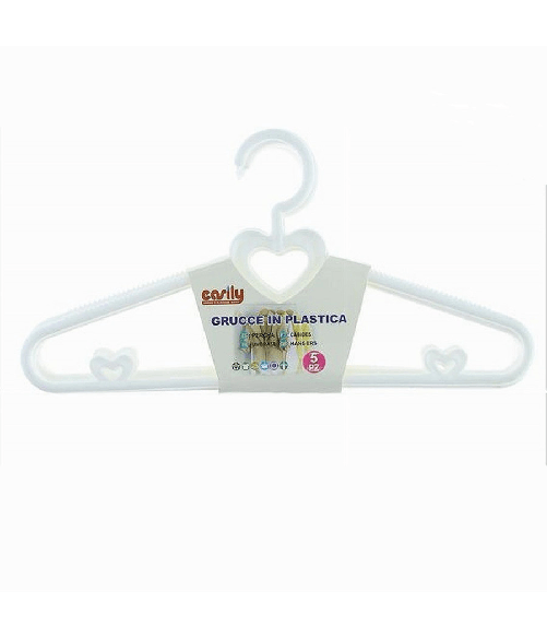 Set 5pz Grucce Stampelle Con Cuori Appendiabiti In Plastica Bianca Vestiti 87677 -