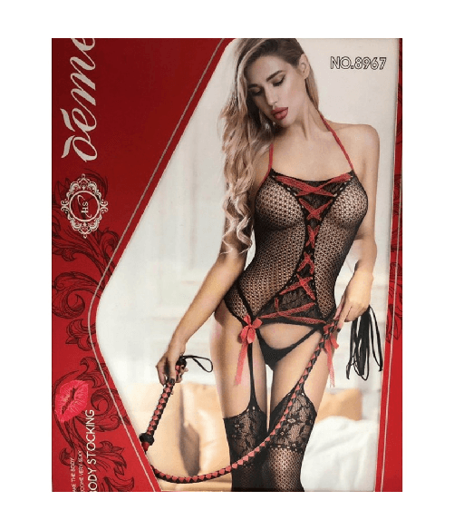 Trade Shop Traesio-body A Rete Completino Intimo Intero Sexy Lingerie Hot 8967 Ricami Tg Unica Nero -
