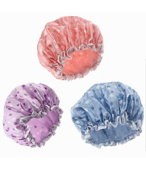 Cleafe-set 2pz Cuffia Doccia Bagno Colorata Pois Lucida Elastico Protegge Capelli 87179 -