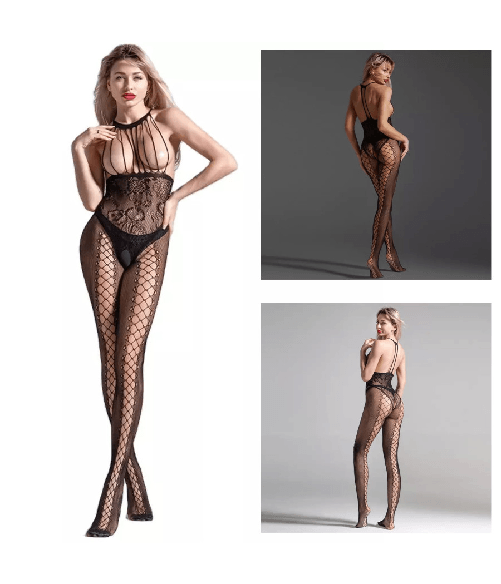 Trade Shop Traesio-tutina A Rete Catsuit Lingerie Hot Completo Sexy Con Ricami Tg Unica Nero 75219 -