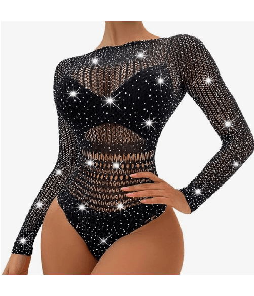 Trade Shop Traesio-body Con Strass In Rete Trasparente Sexy Donna Intimo In Pizzo Lingerie Babydoll -