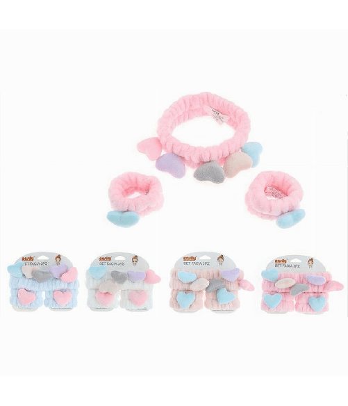 Cleafe-set 3pz Polsini Fascia Capelli Con Cuori Colorati Lavaggi Viso Trattamenti 10751 -