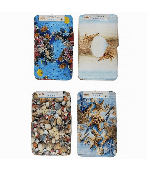 Set 3pz Tappeto Tappetini Tessuto Arredo Bagno Antiscivolo Fantasia Marina 79444 -