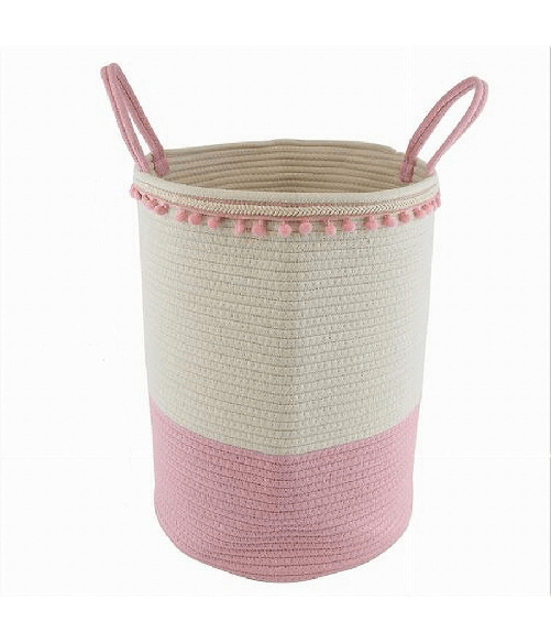 Cleafe-cesto Portaoggetti Per Biancheria In Corda Pon Pon Rosa Con Manici 35x45cm 10668 -