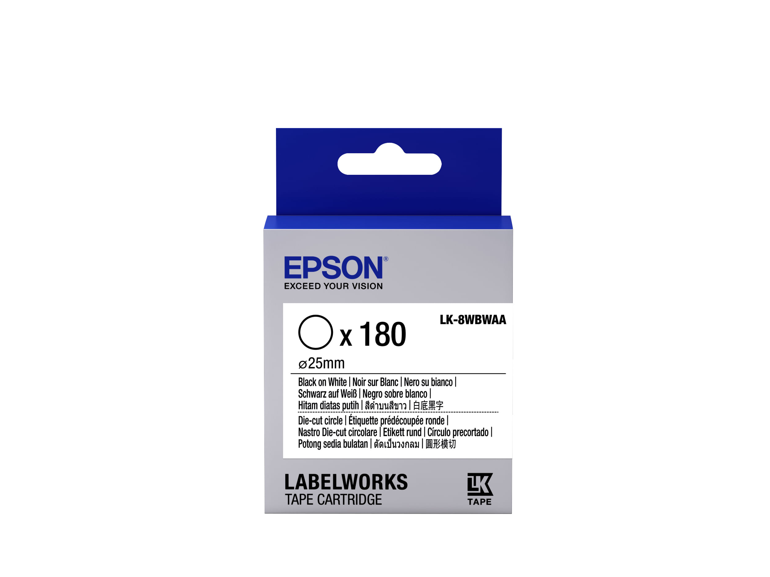 Epson Nastro fondo pretagliato circolare Bianco per testo Nero, Die-Cut D25mm/180 etichette LK-8WBWAA