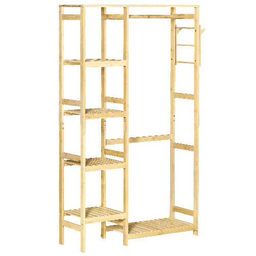 HOMCOM Appendiabiti da Terra in Legno di Bambù, Attaccapanni con Mensole Laterali per Ingresso e Camera da Letto, 90x30x155cm