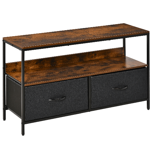 HOMCOM Mobile TV Stile Industriale con Cassetti Pieghevoli in Tessuto e Mensola, Mobiletto TV in Metallo e MDF, 98x29x56cm, Marrone e Nero HOMCOM Mobi