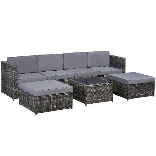 Outsunny Set da 7 Pezzi Salotto da Esterni in Rattan con Poltrona Pouf Tavolino Grigio