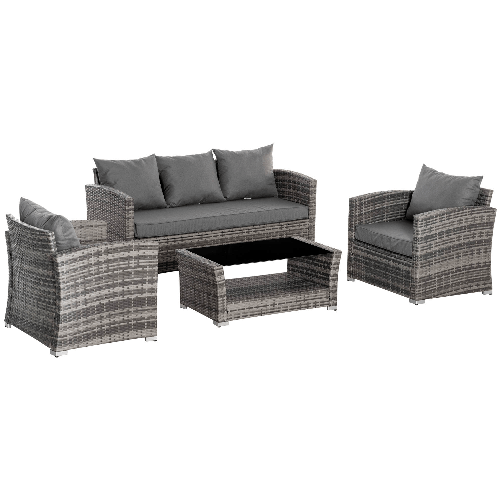 Outsunny Set Salotto da Giardino in Rattan PE con Divano 3 Posti, 2 Poltrone e Tavolino con Vetro, Grigio