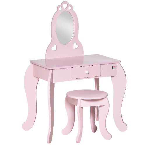 HOMCOM Tavolo Trucco per Bambini con Sgabello in Legno, Toeletta con Specchio e Cassetto, 60x36x88cm, Rosa