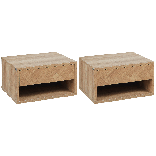HOMCOM Set 2 Comodini Moderni Sospesi con Cassetto e Mensola in Legno 37x32x21cm, Colore Naturale