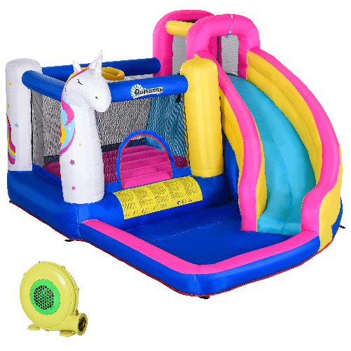 Outsunny Castello Casa, Gioco Gonfiabile Gigante e Rimbalzante per 3 Bambini con Scivolo, Piscina e Canestro da Basket, 345x300x210 cm