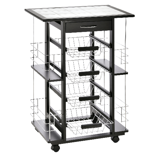 HOMCOM Carrello da Cucina Salvaspazio con 1 Cassetto, 4 Cesti Estraibili, 4 Ripiani, Legno di Pino e Metallo, 57x37x83cm
