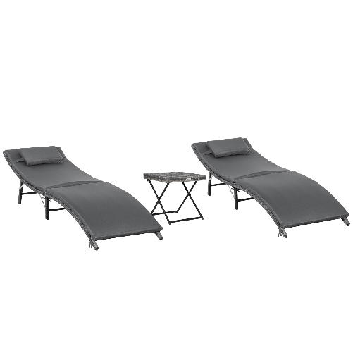 Outsunny Lettini Prendisole Richiudibili con Cuscini Rimovibili e Tavolino Pieghevole, Set 3 Pz in Rattan, Grigio