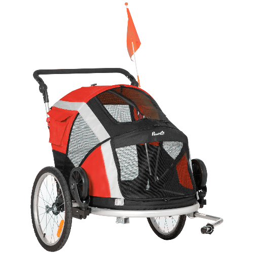 PawHut Rimorchio Bici per Cani sotto i 30kg con Porta Anteriore e Posteriore, Finestre a Rete e Tetto Apribile, 150x82x98-108cm