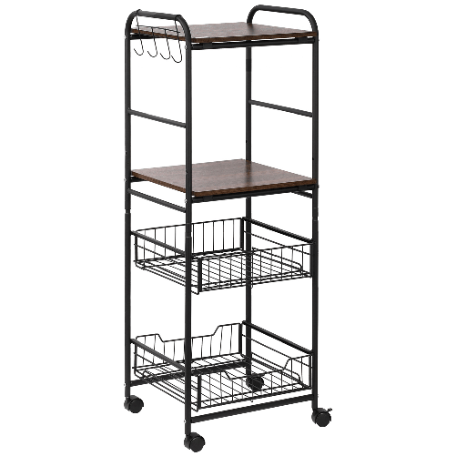 HOMCOM Carrello da Cucina con 2 Cesti estraibili in Metallo, 2 ripiani in Legno Truciolato e Ganci laterali, 40x38x111cm