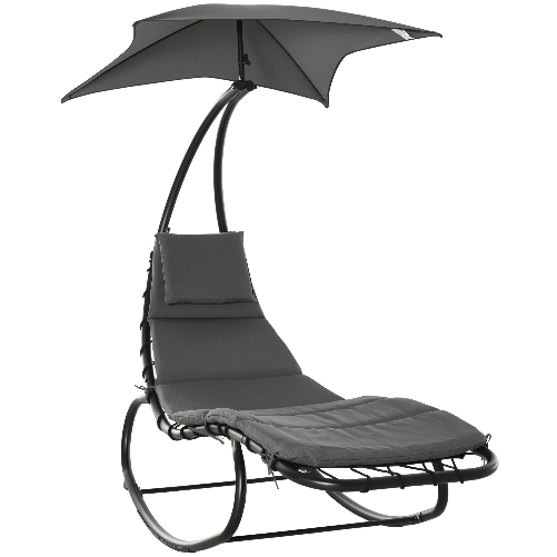 Outsunny Lettino a Dondolo da Giardino, Sdraio Prendisole, Sedia a Dondolo per Esterno con Seduta Imbottita e Tettuccio Grigio 185x114x190cm