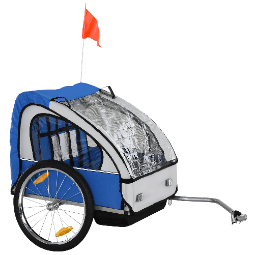 HOMCOM Rimorchio Bici Bambini con 2 Posti, 2 Cinture di Sicurezza, Telaio in Acciaio e Copertura in Tessuto Oxford Blu