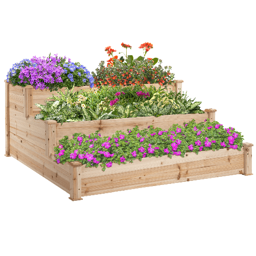 Outsunny Letto per Orto Rialzato a 3 Livelli in Legno Naturale, Fioriera Rialzata da Esterno per Piante, 124x 124x56cm