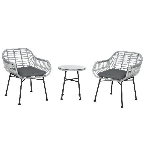 Outsunny Set Mobili da Giardino in Rattan PE con 2 Sedie e Tavolino con Ripiano in Vetro, Grigio