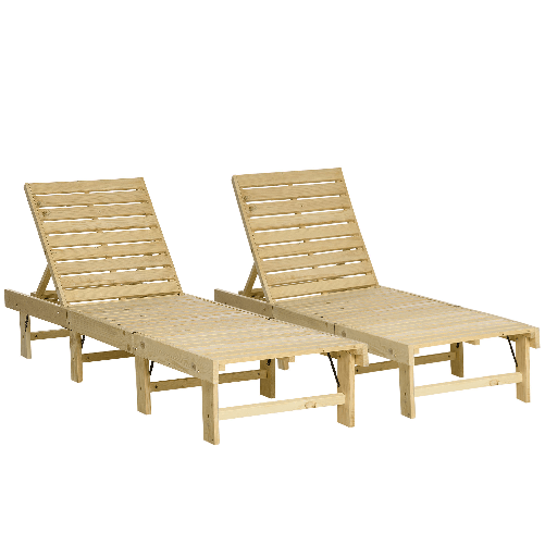 Outsunny Set di 2 Lettini Prendisole da Giardino in Legno, Pieghevoli e con Schienale Regolabile, 195x59x30 cm