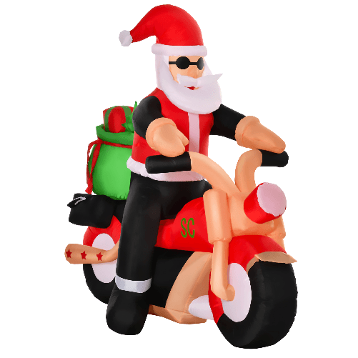 HOMCOM Babbo Natale Gonfiabile su Motocicletta 165cm con Luci LED Integrate, Decorazione Natalizia da Esterno
