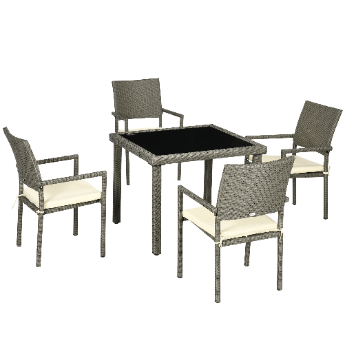 Outsunny Set da Esterni in Rattan PE con Tavolo e 4 Sedie con Cuscini, Grigio