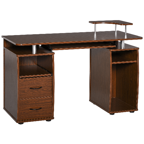 HOMCOM Scrivania per Computer Moderna Porta PC in Legno con Cassetti, Scrivania Salvaspazio Con Libreria, Mensola Estraibile e Porta Tastiera, 120x55x