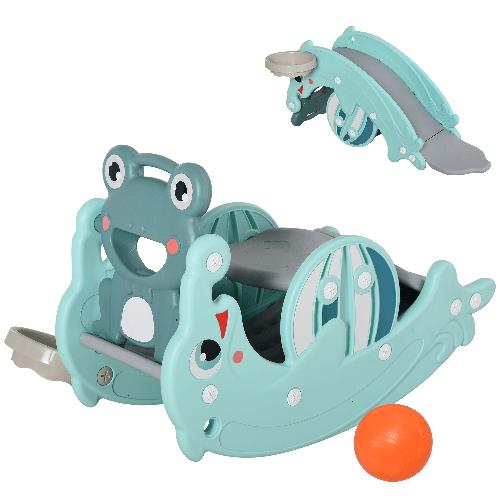 HOMCOM 3-in-1 Cavallo a Dondolo Scivolo per Bambini e Canestro, Età 18-36 mesi, per Casa e Giardino, Verde