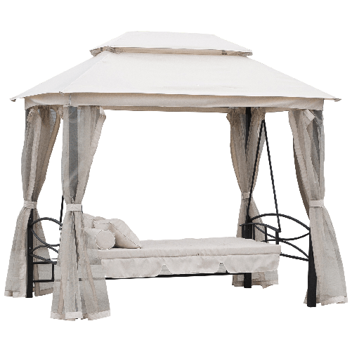 Outsunny Dondolo 3 Posti e Lettino Singolo Copertura a Gazebo con Zanzariera e Cuscini 256x172x248cm Crema