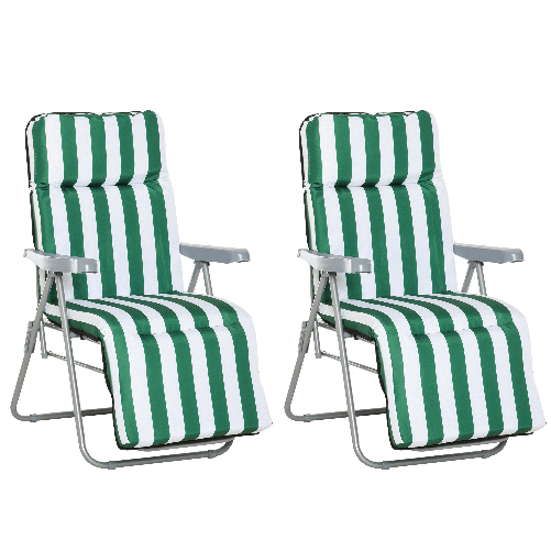 Outsunny Sedia Sdraio da Spiaggia da 2 Pezzi Pieghevole e Reclinabile, Lettini Prendisole da Giardino con Cuscino Imbottito, Verde e Bianco