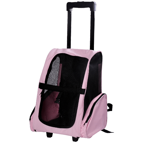 PawHut Trasportino Zaino 2 in 1 per Cani e Gatti con Tasche Laterali, Maniglia Telescopica e Ruote, 42x25x55cm, Rosa