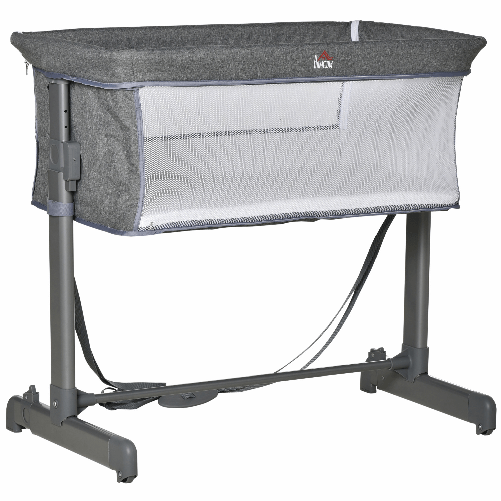 HOMCOM Culla Fianco Letto con Altezza Regolabile, Lettino Co-Sleeping Pieghevole con Tessuto a Rete e Borsa di Trasporto, 86x50x83cm, Grigio