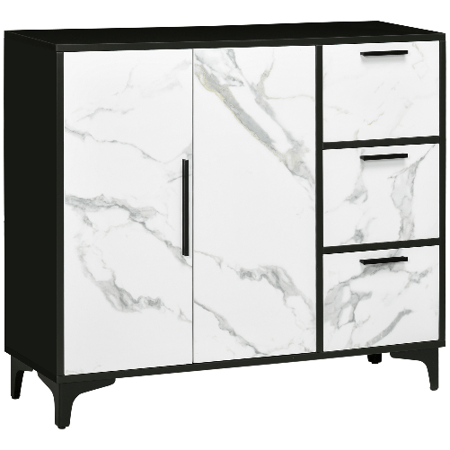 HOMCOM Mobile Dispensa a 2 Ante e 3 Cassetti in MDF e Acciaio per Soggiorno, Cucina e Studio, 90x30x80 cm, Bianco e Nero