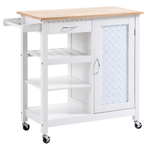 HOMCOM Carrello da Cucina con 1 Cassetto, 1 Armadietto e 1 Ripiano a 3 Livelli, 92x40x84cm, Bianco