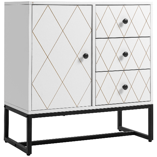 HOMCOM Cassettiera a Rombi con 3 Cassetti e un Armadietto con Ripiano Regolabile, in Acciaio e MDF, 70x35x75 cm, Bianco