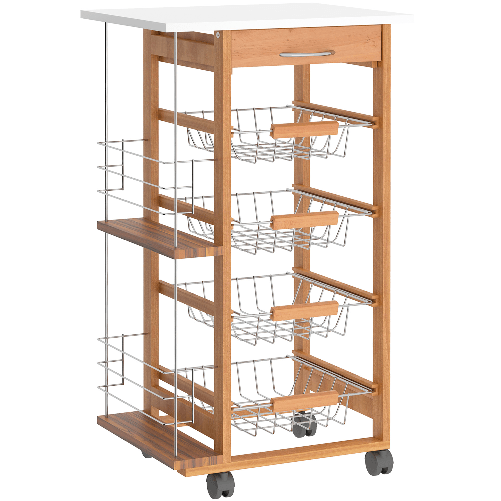 HOMCOM Carrello da Cucina in Legno Marrone con 1 Cassetto e 4 Cestelli Metallici