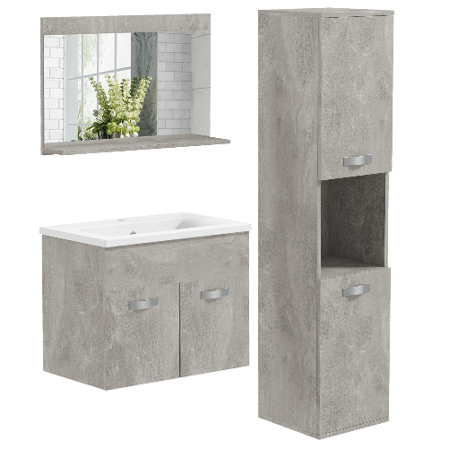kleankin Set Mobili Bagno con Mobile Lavabo 60cm e Lavandino in Ceramica, Colonna Bagno e Specchiera, Grigio